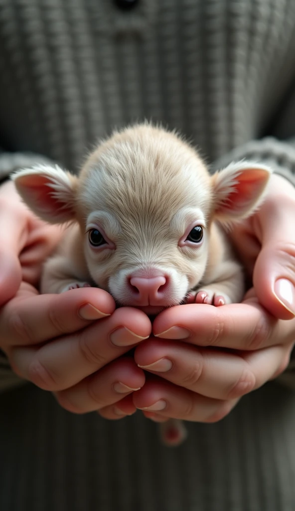 A real calf in a pair of hands,,hairy,animal,lifelike,meticulous,HD