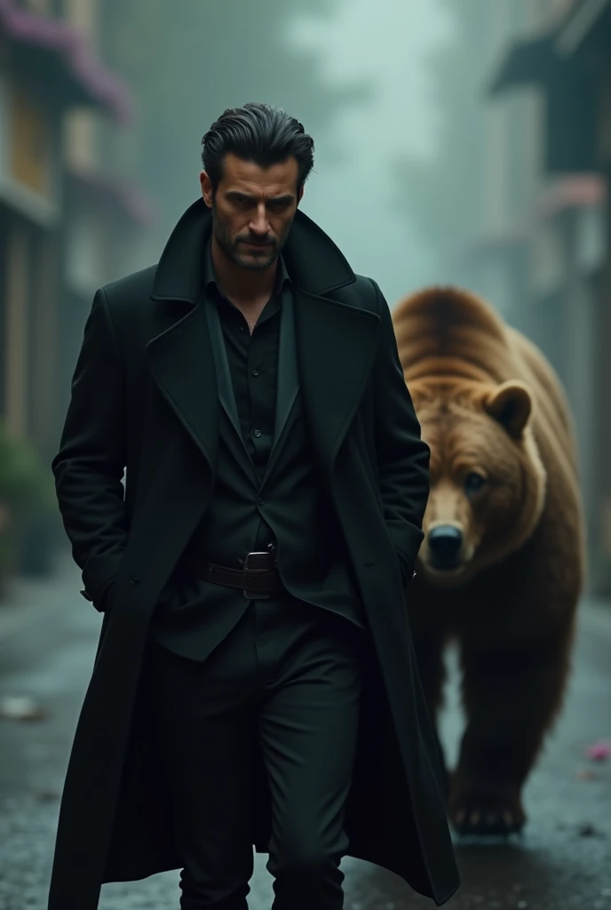 man resembling Can Yaman in flowing black coat walking with hands in pockets, with a big brown bear behind him