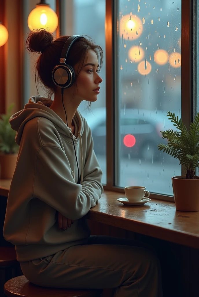 (photorealism:1.2), beautiful woman, sitting on coffe shop, looking at the rain, wearing hoodie top,pants, messy bun hair, wearing shoes, wearing headphones, indoors, soft lighting, glass raining in background, cozy room, thinking pose, realistic, intricate details, 