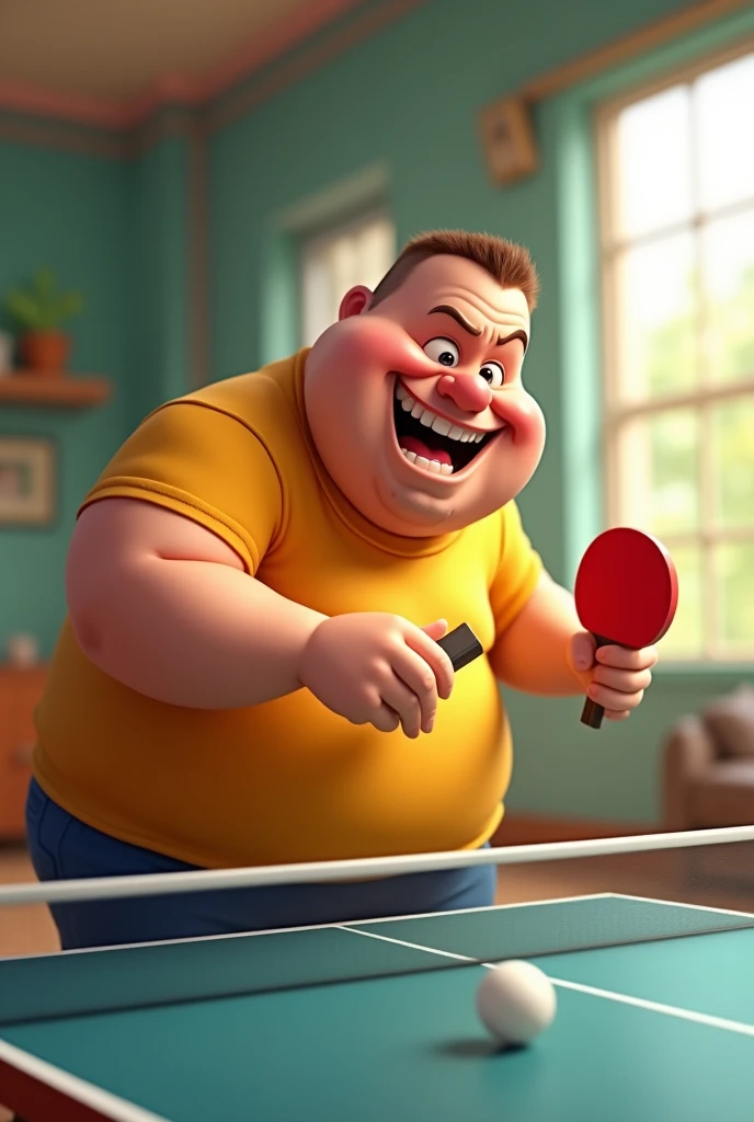 buzz cut haired chubby man, cartoony looking play pingpong