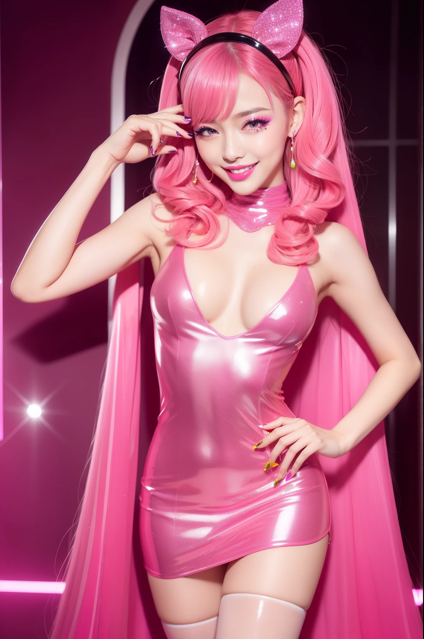nsfw、sexy stylish female idol、glossy lipstick、smiling face、defined eyebrows、glitter eyeshadow、long eyelashes、full body Esbian、sheer latex dress(neon pink)、Colorful hair