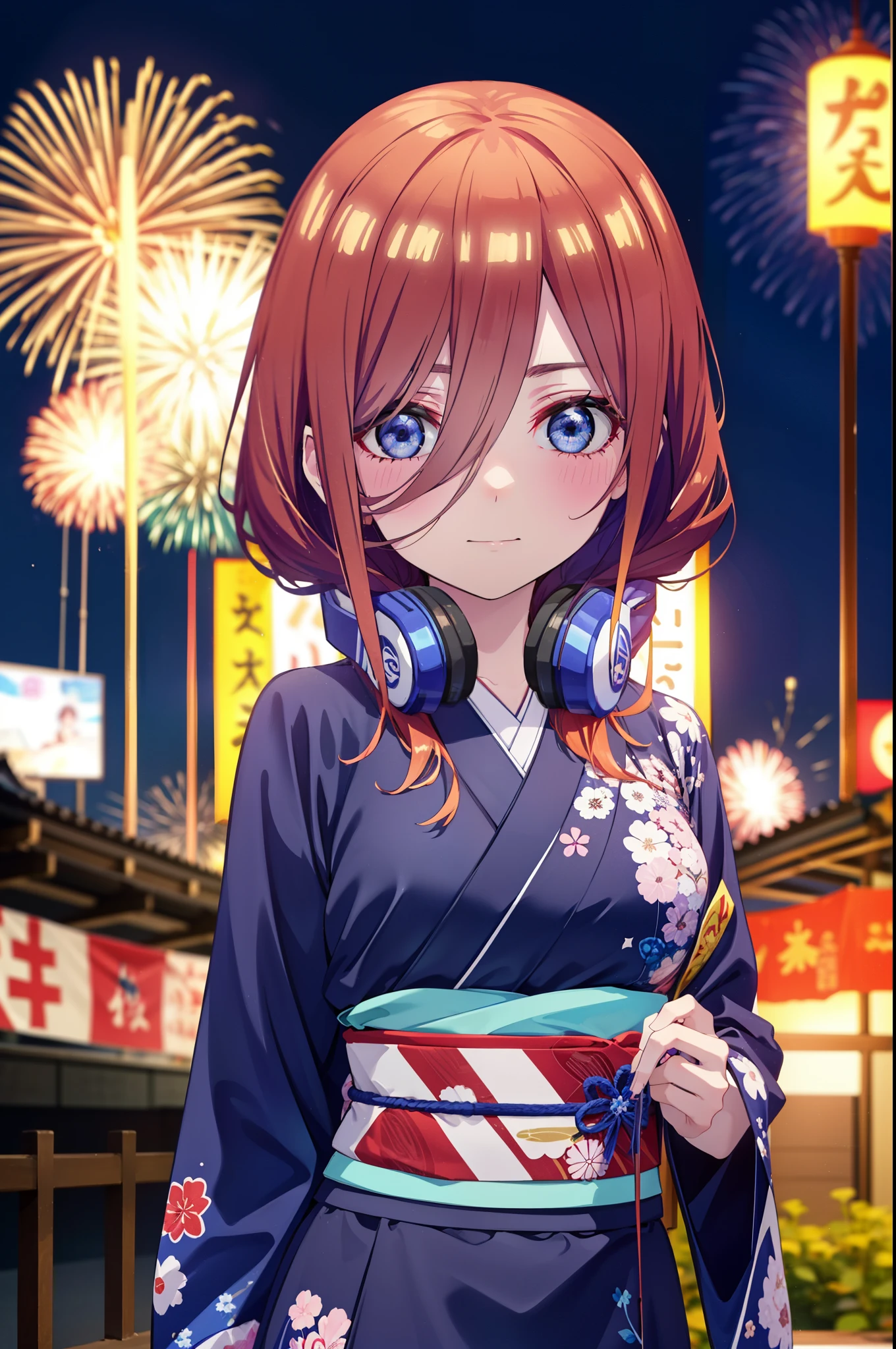 Miku Nakano, miku nakano, Long Hair, bangs, blue eyes, Brown Hair, shirt, Hair between the eyes, Headphones around neck,hair tied back,Flower Hair Ornaments,smile,blush,Blue Kimono,Blue long skirt,Fireworks in the night sky,Fireworks,The place is a fireworks display,Time is night,sunny day,日本のfestival,夏festivalの屋台,Red lantern,whole bodyがイラストに入るように,
break outdoors, garden,festival,
break looking at viewer, whole body, (Cowboy Shot:1. 5),
break (masterpiece:1.2), Highest quality, High resolution, unity 8k wallpaper, (figure:0.8), (Beautiful attention to detail:1.6), Highly detailed face, Perfect lighting, Highly detailed CG, (Perfect hands, Perfect Anatomy),