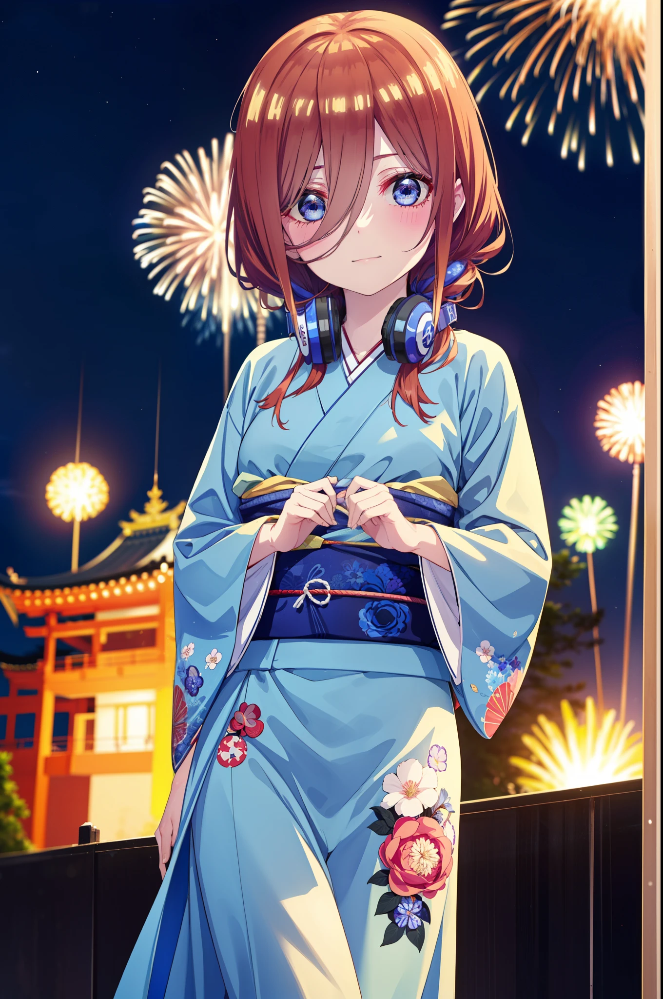Miku Nakano, miku nakano, Long Hair, bangs, blue eyes, Brown Hair, shirt, Hair between the eyes, Headphones around neck,hair tied back,Flower Hair Ornaments,smile,blush,Blue Kimono,Blue long skirt,Fireworks in the night sky,Fireworks,The place is a fireworks display,Time is night,sunny day,日本のfestival,夏festivalの屋台,Red lantern,whole bodyがイラストに入るように,
break outdoors, garden,festival,
break looking at viewer, whole body, (Cowboy Shot:1. 5),
break (masterpiece:1.2), Highest quality, High resolution, unity 8k wallpaper, (figure:0.8), (Beautiful attention to detail:1.6), Highly detailed face, Perfect lighting, Highly detailed CG, (Perfect hands, Perfect Anatomy),