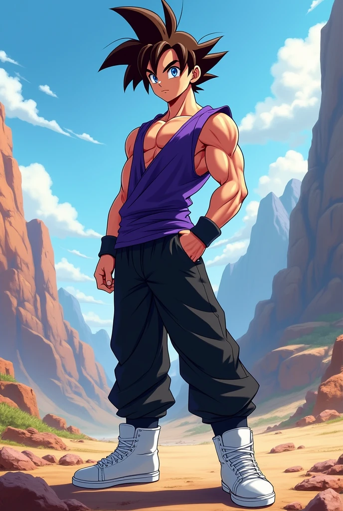 Create a male anime character in Dragon Ball style with brown hair and blue eyes, purple top, black pants and white shoes.
