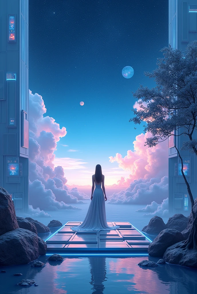 **Scenario:** Imagine a futuristic and visionary landscape, with elements that represent innovation and progress. The setting is open and expansive, symbolizing the freedom and open-mindedness of Aquarians.
**center of picture:** At the center, there is an Aquarian figure standing on a pedestal or raised platform, surrounded by futuristic architecture, like glass and metal buildings with innovative geometric shapes. The figure may be dressed in modern and elegant clothing, with a contemplative and confident look.
**Surrounding Environment:** The background of the scene is a vast, open horizon, with starry sky and vibrant colors, like blues and purples, that create a sense of infinity and possibility. Technological Elements, like floating holograms and futuristic control panels, are visible around the figure, reflecting the inclination to think outside the box.
**Additional Detail:** In a corner, a tree or plant with metallic or shiny leaves can symbolize the desire for originality and connection with nature in an innovative context. Near the platform, there are a series of interconnected gears or mechanisms, representing the need for balance between individuality and social conformity.
**Image Feeling:** The image should convey a sense of advancement and innovation, with an atmosphere that inspires freedom and creativity. It must capture the spirit of a visionary who seeks originality and progress., while facing the challenges of balancing your individuality with social expectations. The setting should be expansive and bright, reflecting Aquarians' desire for change and open-mindedness.
