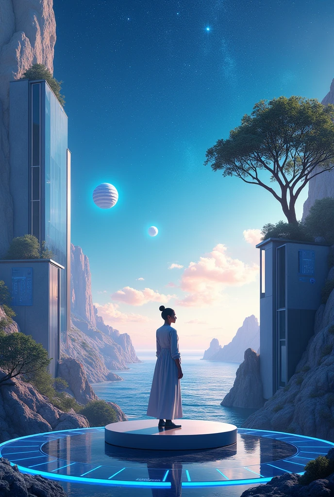 **Scenario:** Imagine a futuristic and visionary landscape, with elements that represent innovation and progress. The setting is open and expansive, symbolizing the freedom and open-mindedness of Aquarians.
**center of picture:** At the center, there is an Aquarian figure standing on a pedestal or raised platform, surrounded by futuristic architecture, like glass and metal buildings with innovative geometric shapes. The figure may be dressed in modern and elegant clothing, with a contemplative and confident look.
**Surrounding Environment:** The background of the scene is a vast, open horizon, with starry sky and vibrant colors, like blues and purples, that create a sense of infinity and possibility. Technological Elements, like floating holograms and futuristic control panels, are visible around the figure, reflecting the inclination to think outside the box.
**Additional Detail:** In a corner, a tree or plant with metallic or shiny leaves can symbolize the desire for originality and connection with nature in an innovative context. Near the platform, there are a series of interconnected gears or mechanisms, representing the need for balance between individuality and social conformity.
**Image Feeling:** The image should convey a sense of advancement and innovation, with an atmosphere that inspires freedom and creativity. It must capture the spirit of a visionary who seeks originality and progress., while facing the challenges of balancing your individuality with social expectations. The setting should be expansive and bright, reflecting Aquarians' desire for change and open-mindedness.