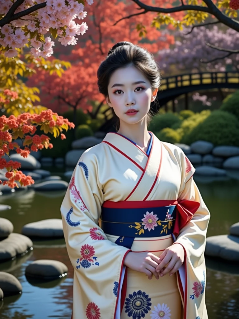 (masterpiece、Highest quality、8k、High resolution)、Traditional Japanese beauty in kimono、Floral pattern on white background、Vibrant colors、Japanese garden、There is a pond、Colorful flowers、Vibrant colors、Cherry Blossom、There is a drum bridge、A complete portrayal、Detailed anime art、