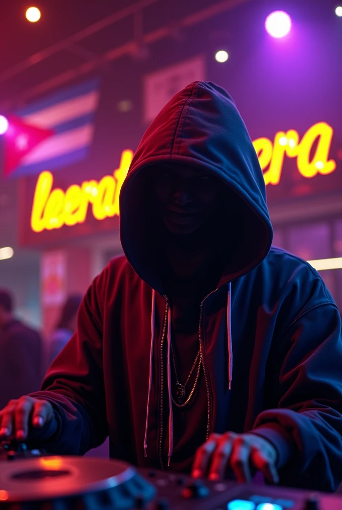  An anonymous DJ whose face cannot be seen in urban clothing and a hood. the phrase appears somewhere "LaEraTimbera" with the colors of the Cuban flag and also include in the background some Cuban flags and a nightclub atmosphere 