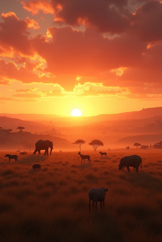 Wide panoramic view of an African savannah at sunrise. The sky is painted with orange and red hues, with wild animals roaming freely. A traditional village of the Gaza Kingdom is visible, with people starting their day. The scene is vibrant and peaceful."