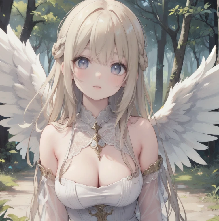 girl with beautiful detailed eyes, beautiful detailed lips, extremely detailed face and skin, long eyelashes, angel wings, naked, photorealistic, golden-platinum skin, cream-colored hair, dark eyes, standing in a forest, (best quality,4k,8k,highres,masterpiece:1.2),