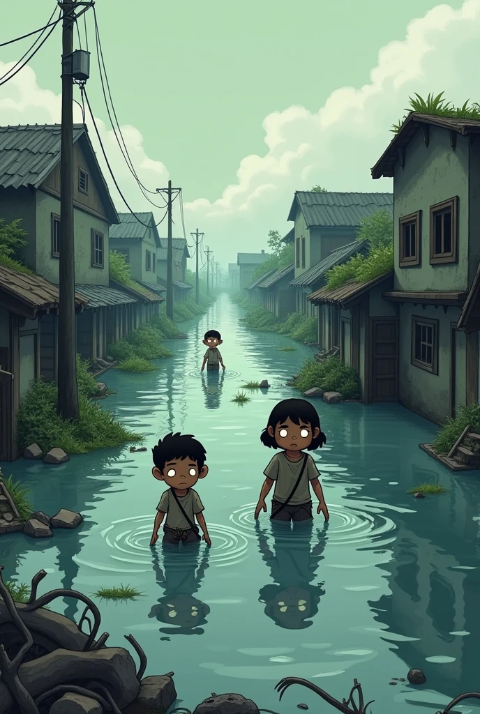 Everything was destroyed, submerged in floodwater. The villagers started to rebuild their homes. make it cartoon and gloomy