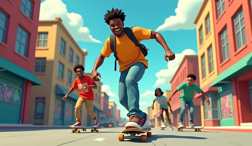 Génère moi une image d'un personnages adulte afro américain de dessin animé 3d qui fait du skateboard avec ses amis .