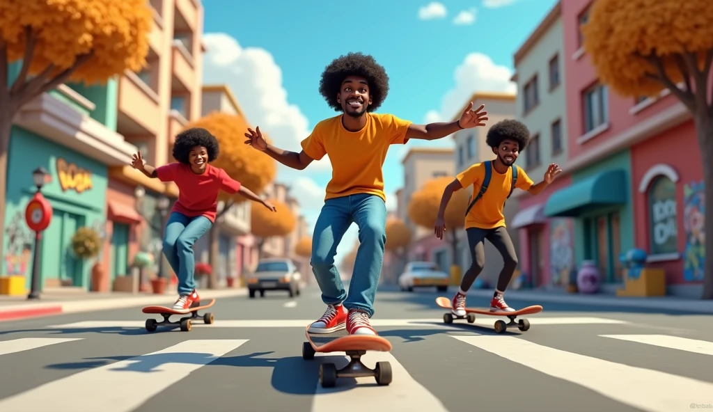 Génère moi une image d'un personnages adulte afro américain de dessin animé 3d qui fait du skateboard avec ses amis .