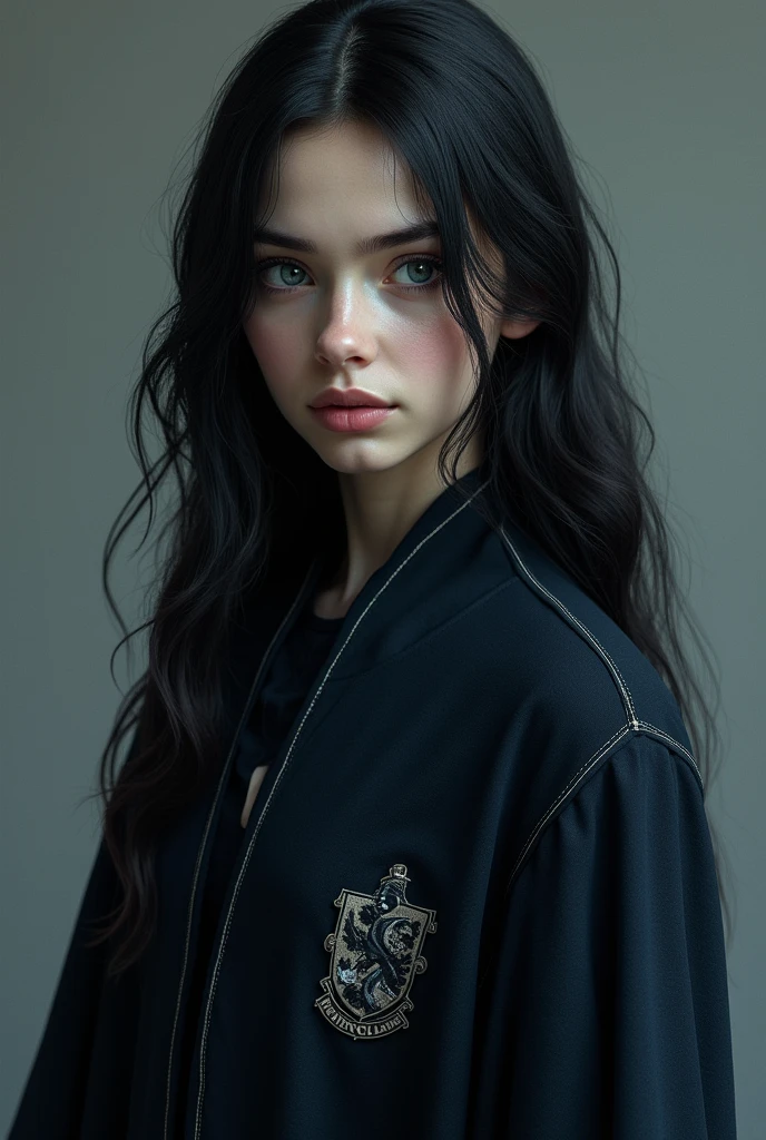 Wearing a Ravenclaw robe, the girl has a slender face with a clear jawline, dull grey eyes, and long black hair that falls down to cover some parts of her face. Her skin is pale.
