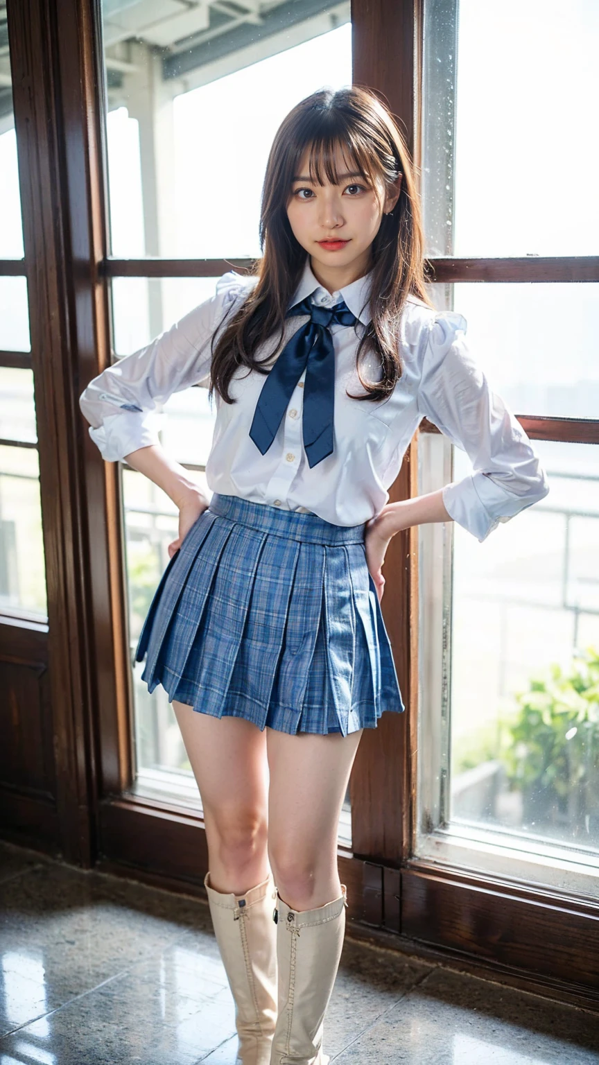 (8k、RAW Photos、Highest quality、masterpiece:1.2)、(Realistic、Realistic)、1 person、((View from the front、light blue、Looking into the camera、check、boots、mini skirt、High school uniform、、Standing with one hand on hip、Frills、))、cute