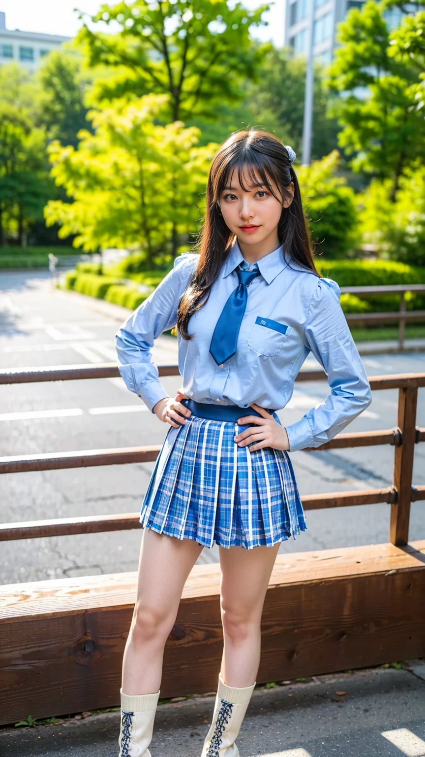 (8k、RAW Photos、Highest quality、masterpiece:1.2)、(Realistic、Realistic)、1 person、((View from the front、light blue、Looking into the camera、check、boots、mini skirt、High school uniform、、Standing with one hand on hip、Frills、))、cute