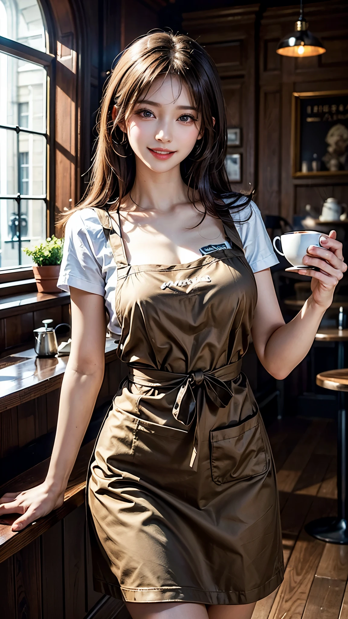 (Highest quality、Tabletop、8k、Best image quality、Award-winning works)、Woman working in a café、(The perfect brown apron:1.1)、(The perfect brown apron:1.1)、(wide々She is standing elegantly in a modest cafe..:1.3)、(A classy shirt and apron:1.1)、(Big Breasts:1.1)、(Accentuate your body lines:1.1)、Beautiful woman portrait、The most elegant and cozy cafe、The most natural cafe, Perfectly organized、The most atmospheric and warm lighting、Stylish and elegant cafe、Strongly blurred background、Look at me and smile、(Accurate anatomy:1.2)、Ultra high resolution perfect beautiful teeth、Ultra-high definition beauty face、Ultra HD Hair、Ultra HD The Shining Eyes、The Shining, Super high quality beautiful skin、Super high quality glossy lip