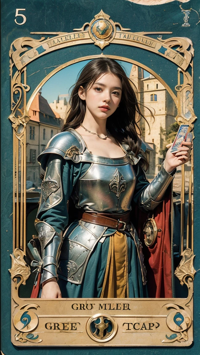 Highest quality、masterpiece、タロットcard、Balance scale、(Morgan Greer Tarot:1.2)、Retro art style、Thick outline、English text、Roman numerals、card、(Moderate)、(タロットcard風の枠:1.5)、((Beautiful female traveller in medieval Europe:1.5))