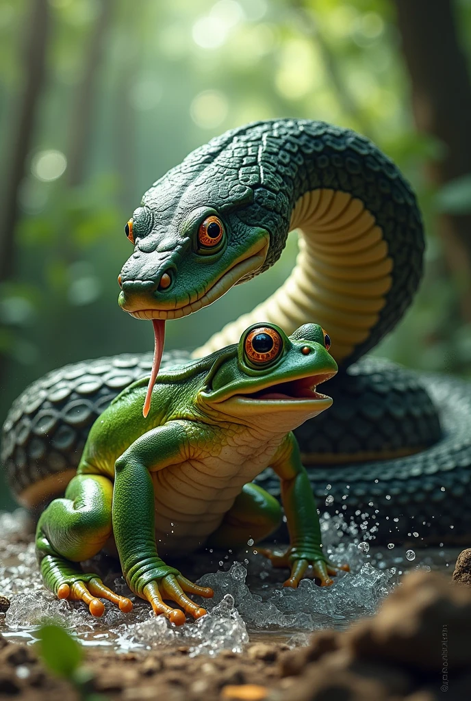 Snake and frog fighting