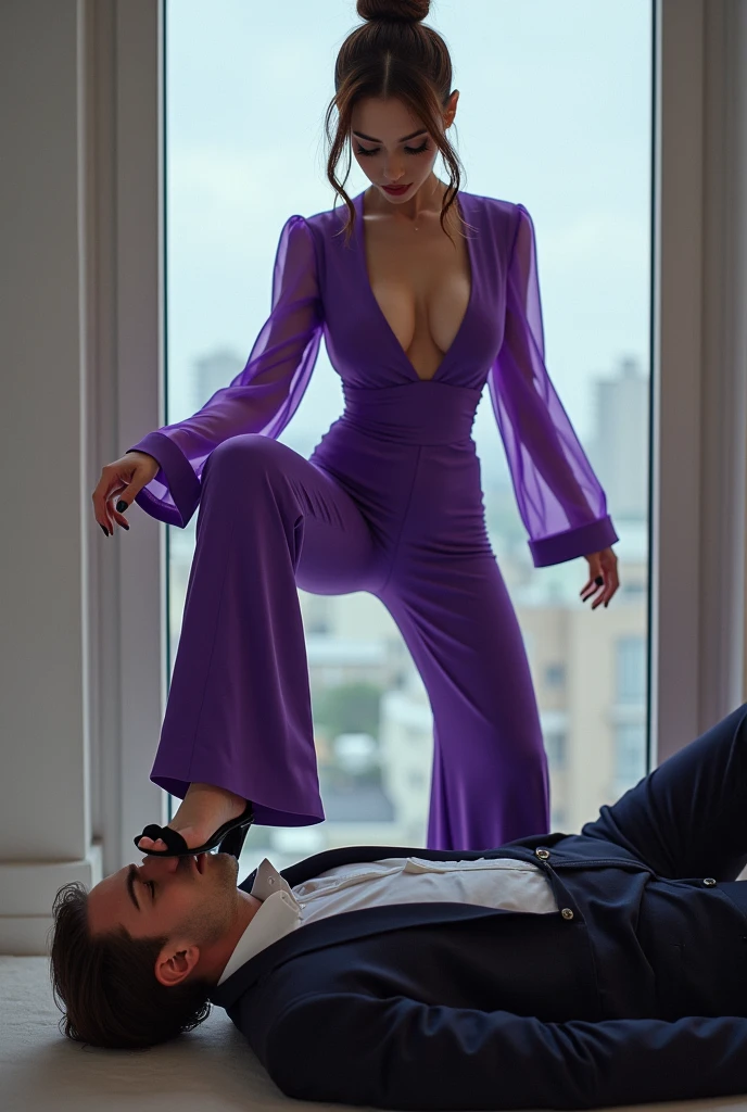Mistress,white skin, brown bun hairs, wearing purple boot-cut pants, wearing purple blouse, wearing black home sandals, trampling man ,man is suited,  man in handsome, man's face trampled by mistress , mistress puts her shoe on man ,  man trampled by mistress,  man lying down under mistress, surrendering against mistress, mistress victory posing on man, femdom, penthouse floor, trampling , mistress trampling man 