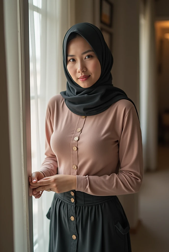 Home,Malaysian Muslim women,scarf,Short skirt,photograph,reality,beauty,Looking at the camera,front,Sexy,Big cleavage,Ultra HD image,Positive sister,Unbutton,,No buttons,大Chest,Cute face,nice,Chest,underwear,There is a skirt bottom,perspective,Short sleeve,摸着Chest,