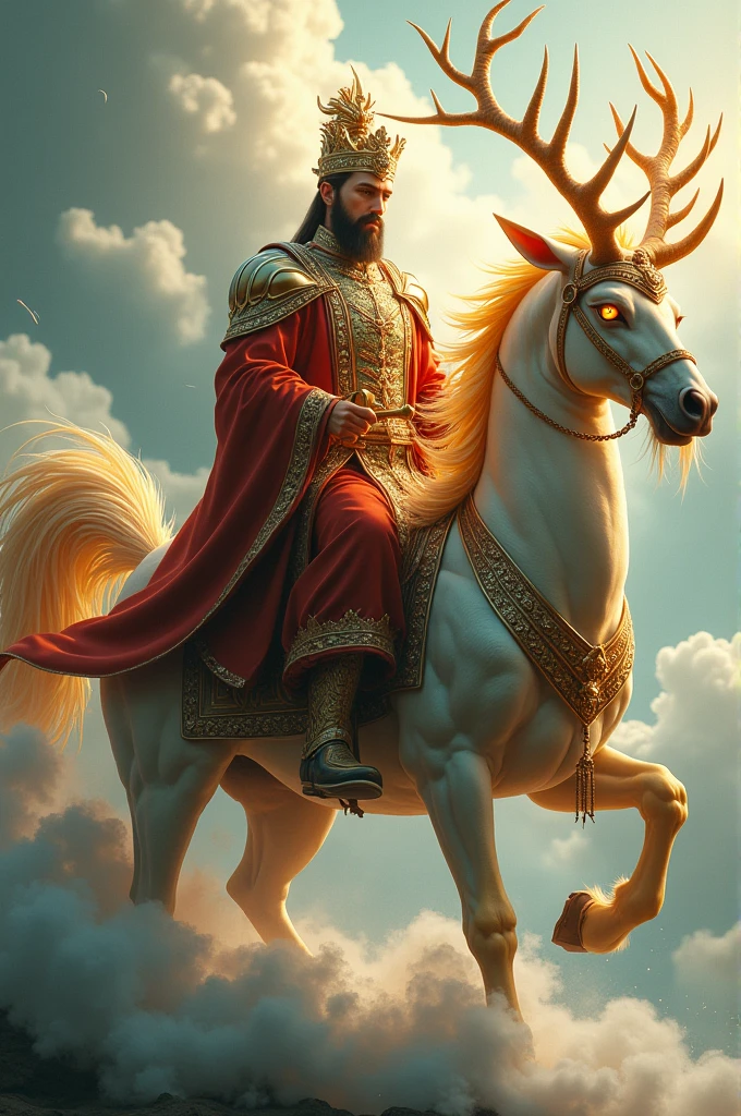 "Create an image of a majestic Kirin being ridden by a royal king. The Kirin, a legendary creature from Asian mythology, should have the body of a powerful horse or deer covered in shimmering, dragon-like scales in hues of gold and emerald. It should have elegant, spiraled antlers, a long flowing tail, and glowing eyes. The king riding the Kirin should be dressed in regal, royal attire, featuring an ornate crown, rich, embroidered robes in deep red and gold, and intricate armor adorned with jewels. He should hold a scepter or sword that symbolizes his authority, with a calm yet commanding expression. The Kirin should be surrounded by a mystical aura, and the background should feature ethereal clouds and soft, radiant light, symbolizing the divine and virtuous nature of both the Kirin and the king. The overall tone of the image should be majestic, serene, and awe-inspiring, highlighting the grandeur of the king and the mystical power of the Kirin."