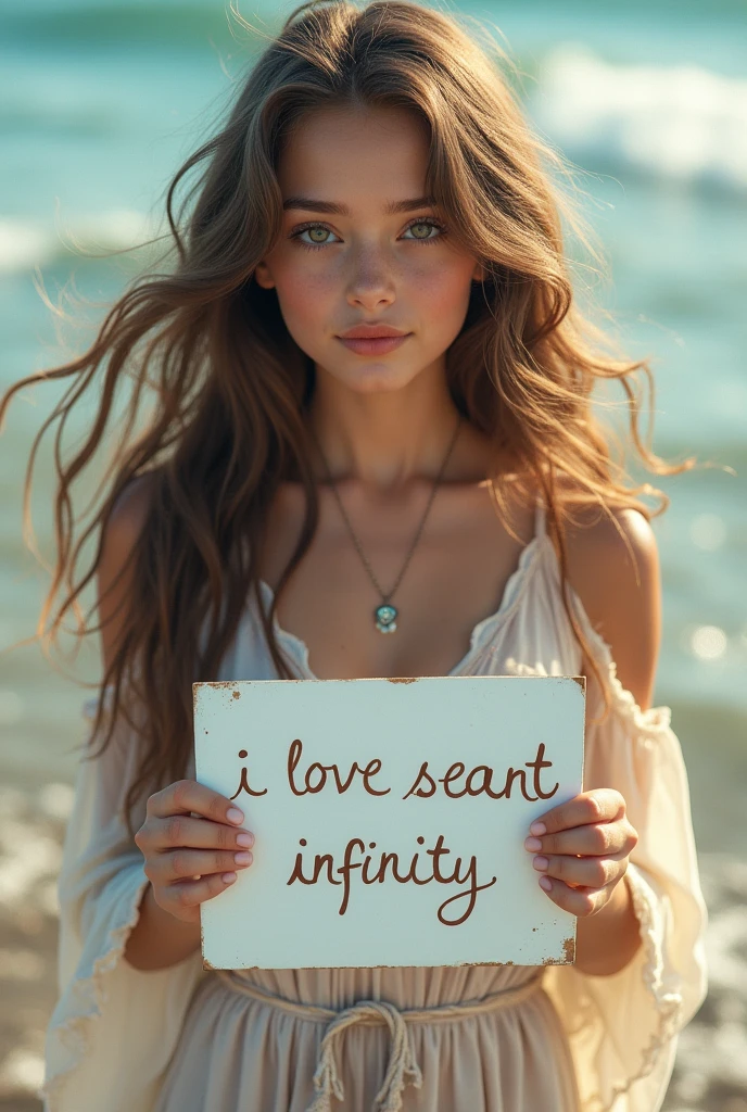 Beautiful girl with wavy long hair, bohemian dress, holding a white board with text "I Love Seaart Infinity" and showing it to the viewer