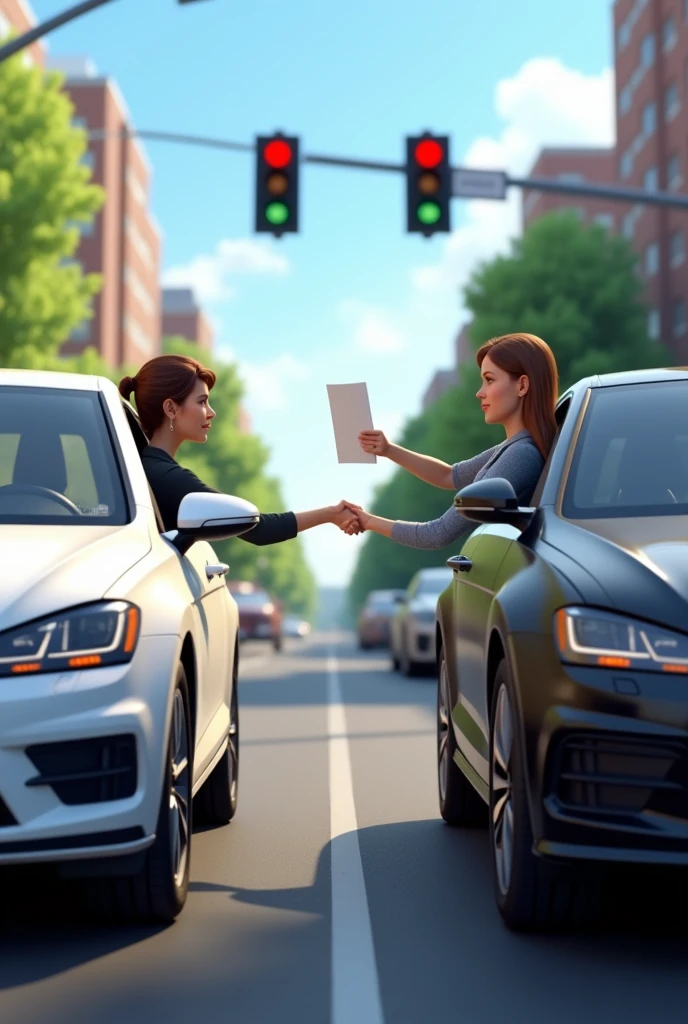 create a photo on a road with two cars, one side of the other, with one being black and the other white, both lined up stopped at the traffic light, put a female hand in the car handing a paper from the white car to the black car, animation style