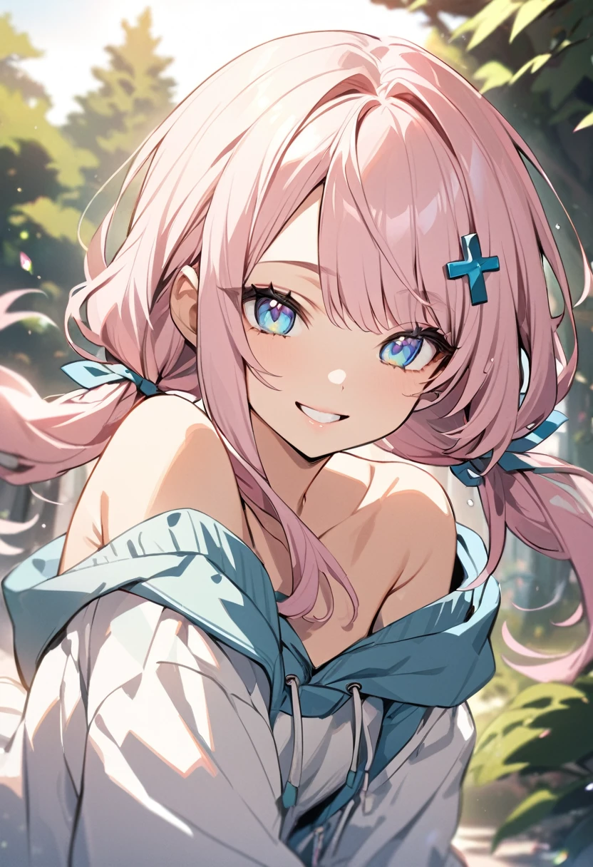 One girl、masterpiece、Highest quality、Beauty、smile、Beautiful Eyes、Light blue eyes、Tree Eyes、Light pink hair、Low twin tails、Asymmetrical Bangs、Off the shoulder、Cute Hoodies、Cross hair ornament、White background、anime