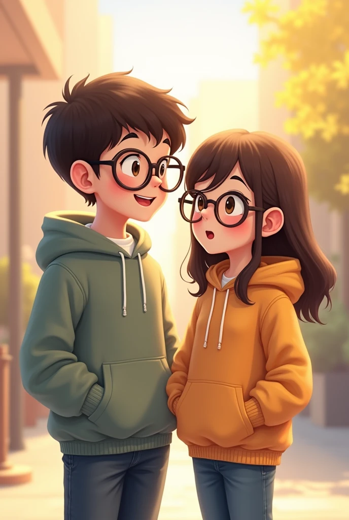 Cute boy who wears glasses , 2004 hoodie and cute girl who wears 2006 hoodie