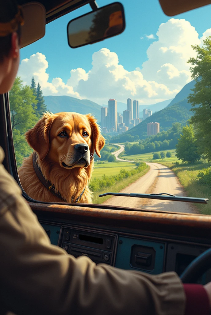 A farm dog accompanying his owner in a pickup truck to the city 
