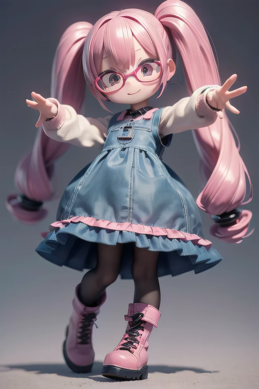 Realistic、Chibi Girl Doll、Nendoroid、(whole body、smile)Twin tails、Her hair color is pink.、Large round glasses、robot、In the future city、A simple, tight dress and mechanical boots、The boots are big、The dress has a decoration like musical notation、Pose like a conductor、((Hands are big))