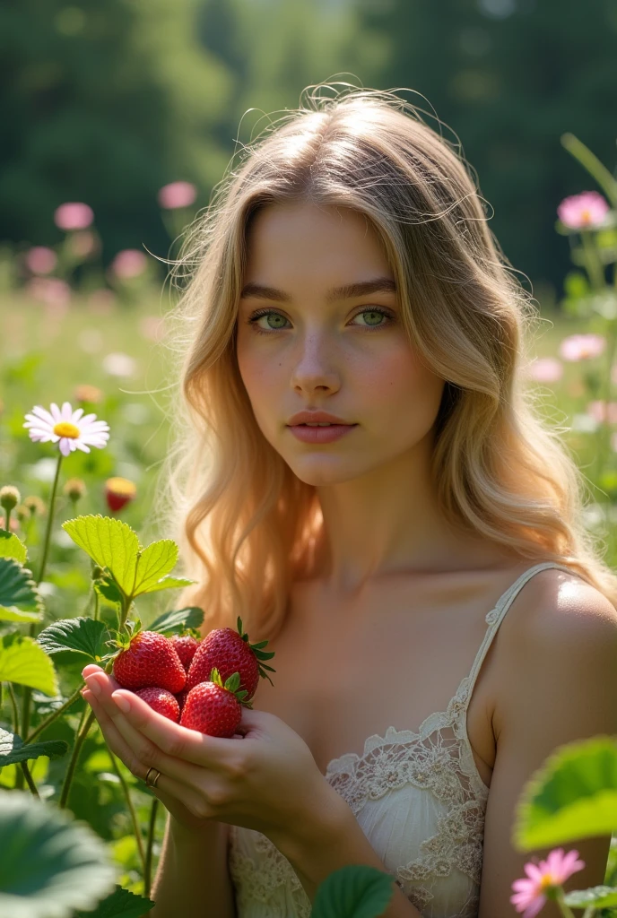 Very beautiful girl of Slavic appearance picks strawberries photo quality 8k highest quality of small details