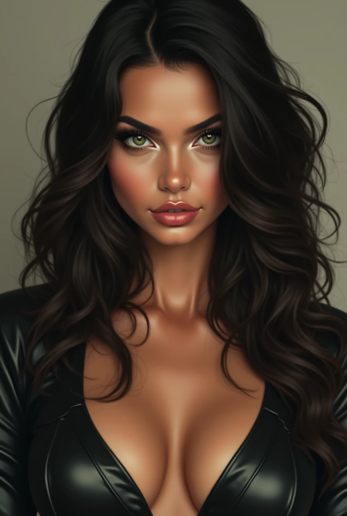 Create a woman with green eyes, black hair, luscious big lips and thick eyebrows, busty