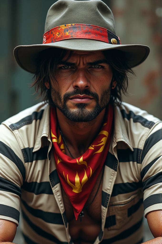 Free fire male character, My character has a hat that's fallen to the side without being a cap. He has a white and black striped prison shirt and a bandana with a fire design.