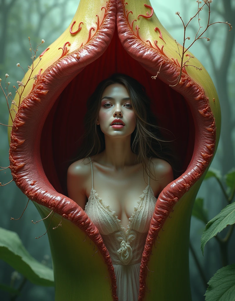 A beautiful woman beckons you from the mouth of a giant, primary-colored pitcher plant.