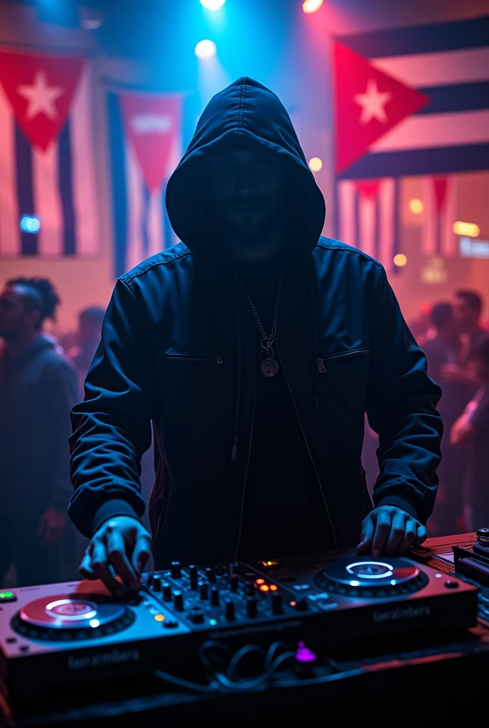  An anonymous DJ with urban clothing and a hood. the phrase appears somewhere "LaEraTimbera" with the colors of the Cuban flag and also include in the background some Cuban flags and a nightclub atmosphere 