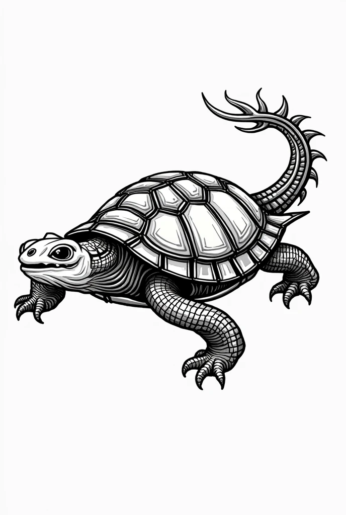 Black and White Ink Style Drawing of a Mythological Dragonic Turtle, Chinese style, doodle art, logo, tattoo, fictional, tortoise looking southwest with the head faces north, line drawing, more ancient style, more fearsome look, two dimensional art, ancient mythology, bold line drawing, less details, bold layout, no shades,  looks more scally, non realistic, looks like pen drawing, chinese inky drawing style