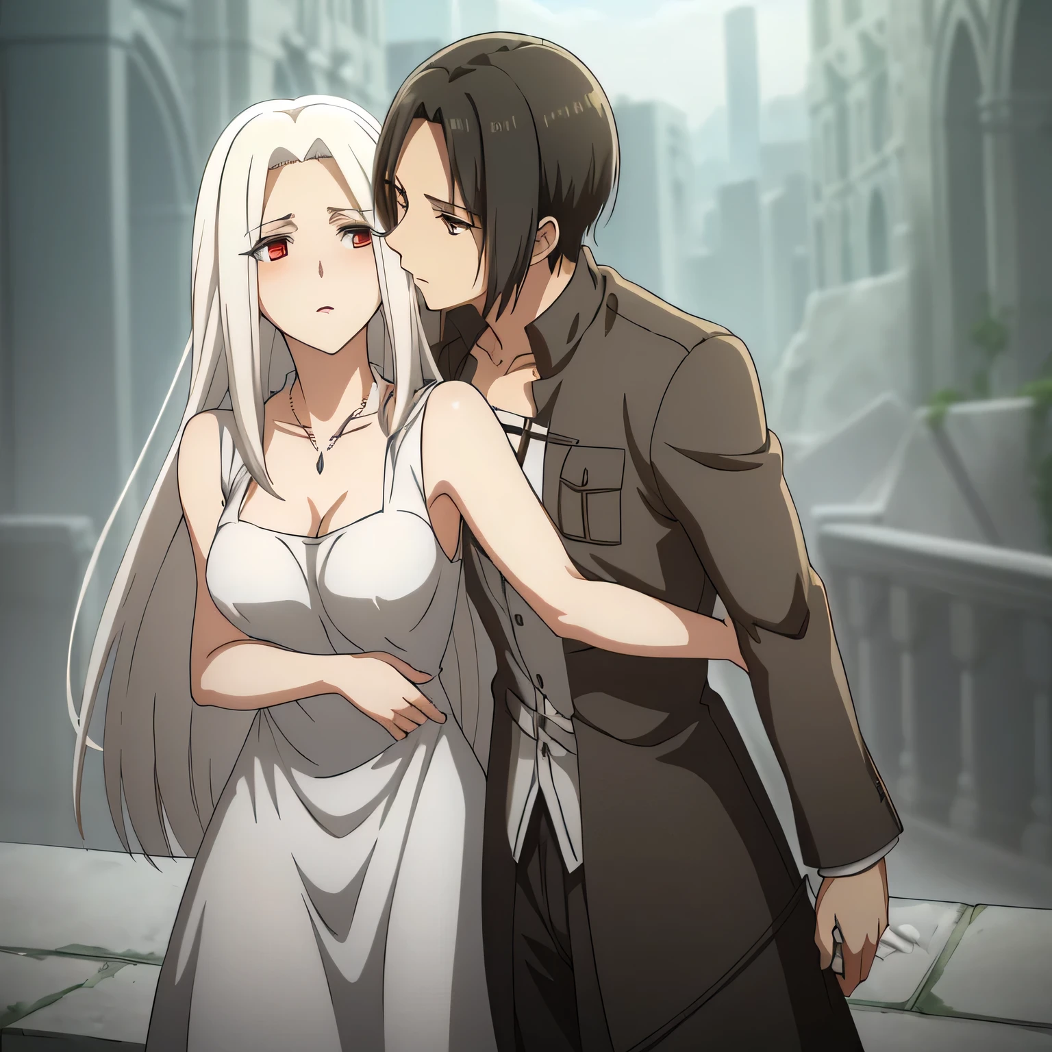 Irisviel,cold silky dress sleeveless,,middle size of breast,beautiful necklace,tall breasts,Mikasa with black short hair hugs and kissing irisviel, attack on titan,Mikasa short hair with irisviel long hair,mikasa black hair,mikasa wreanig tank top and combat trouser,Mikasa with man suits,