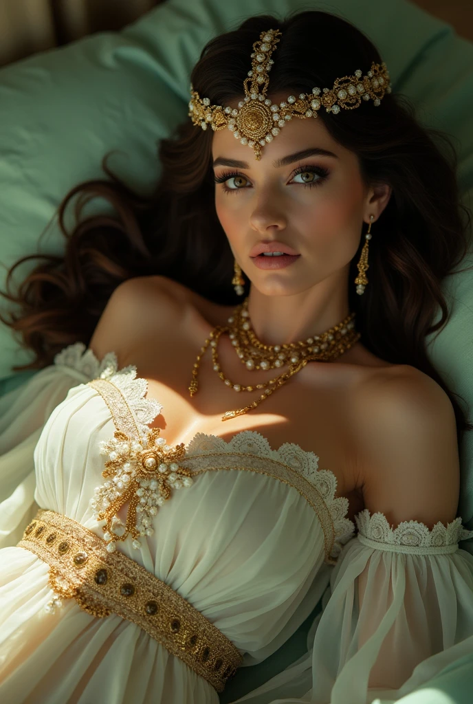 Schedule ))Hollywood style concept art, hair ornaments, necklace, navel, Sultan's Concubine Dress, air, fine details, Foam construction made of chiffon and lace,white, green, gold, Mature woman looking at the viewer,(( while lying down)), Flirtatious pose ,((seductive)),Night Colors,Sun Splashes,Details in Arabic fairy tale style,((bedroom)),Aesthetically pleasing,Beautiful,Realistic,Professional photos,High Resolution,high detail,Hyper-realistic portrait,UHD32K, majestic figure, medieval style