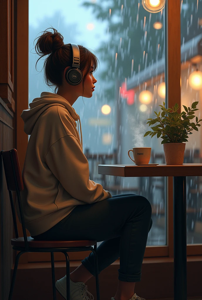 (photorealism:1.2), beautiful woman, sitting on coffe shop, looking at the rain, wearing hoodie top,pants, messy bun hair, wearing sneaker shoes, wearing headphones, indoors, soft lighting, glass raining in background, cozy room, thinking pose, realistic image, intricate details,