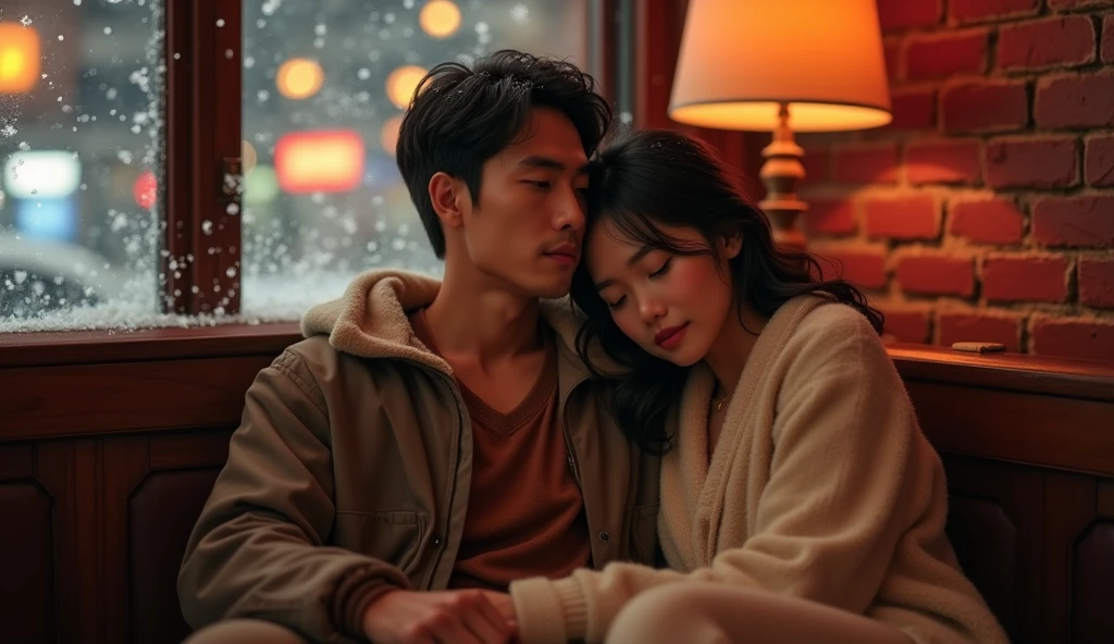 Tanned japanese handsome man holds a tanned japanese woman, both wearing warm winter outfit in soft colors, they both looking at camera soft smile, and the woman lay her head on his chest looking at camera, sitting sida by side in a cozy sofa inside warm cafe in paris, wall is red brick, snows fall from sky at night seen on window, focus on couples, bokeh, full body shot, ultimate photorealistic