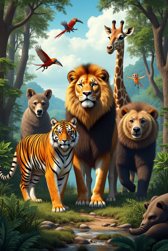 One animal picture and include all animals one time include lion tiger giraff dear birds bear monkey