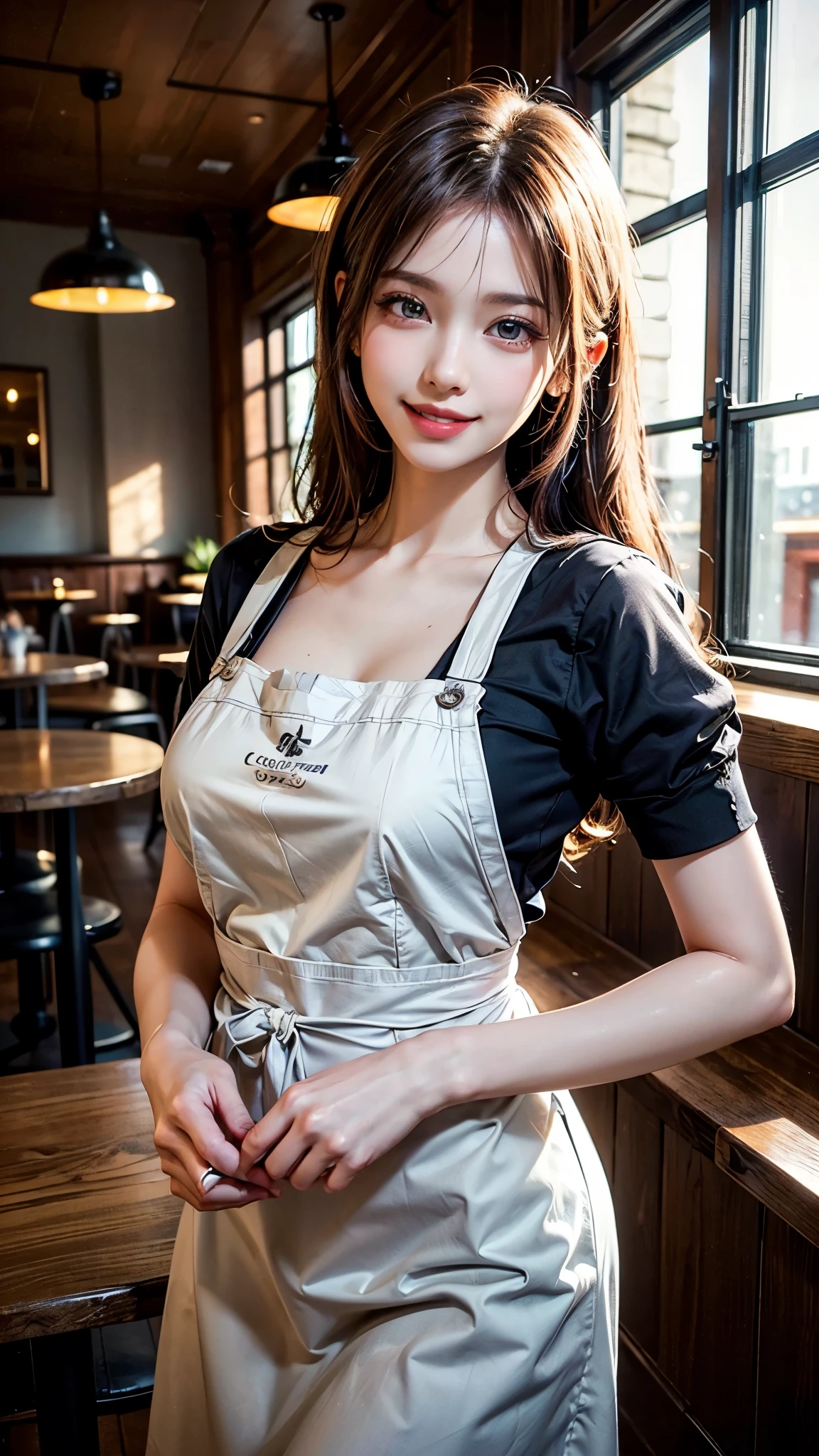 (Highest quality、Tabletop、8k、Best image quality、Award-winning works)、Woman working in a café、(The perfect brown apron:1.1)、(The perfect brown apron:1.1)、(wide々She is standing elegantly in a modest cafe..:1.3)、(A classy shirt and apron:1.1)、(Big Breasts:1.1)、(Accentuate your body lines:1.1)、Beautiful woman portrait、The most elegant and cozy cafe、The most natural cafe, Perfectly organized、The most atmospheric and warm lighting、Stylish and elegant cafe、Strongly blurred background、Look at me and smile、(Accurate anatomy:1.2)、Ultra high resolution perfect beautiful teeth、Ultra-high definition beauty face、Ultra HD Hair、Ultra HD The Shining Eyes、The Shining, Super high quality beautiful skin、Super high quality glossy lip