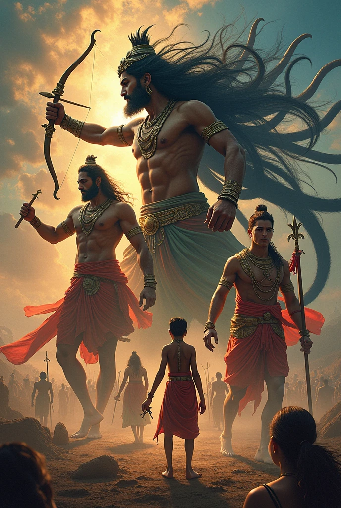 Quick flashes of iconic mythological scenes: Rama drawing his bow, Ravana with his ten heads roaring in defiance, and Krishna offering advice to Arjuna on the battlefield of Kurukshetra. These images are blended with scenes of modern-day struggles—such as a young person standing up against injustice, and another battling inner turmoil. The visuals are intense and dramatic, with a mix of warm and cool tones, showing the timelessness of these ancient stories.