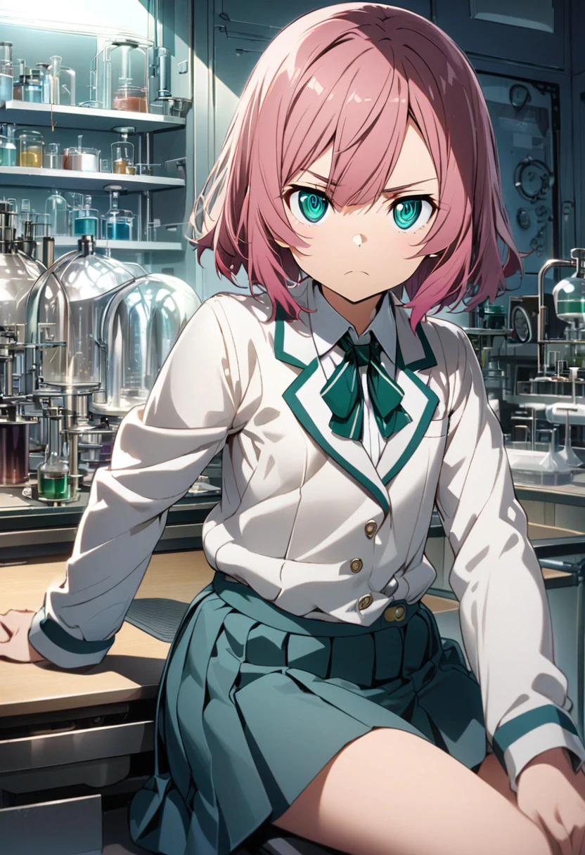 Haibara Ai \(Sword Art Online\), (short hair), (pink hair), (sharp eyes), (teal eyes):1.2, (), (Girl school uniform), ((serious)), ((ultra-detailed)), ((illustration)), ((shaggy hair)), (beautiful detailed eyes), (female), 1girl, (sitting), ((laboratory, morning)), looking at viewer