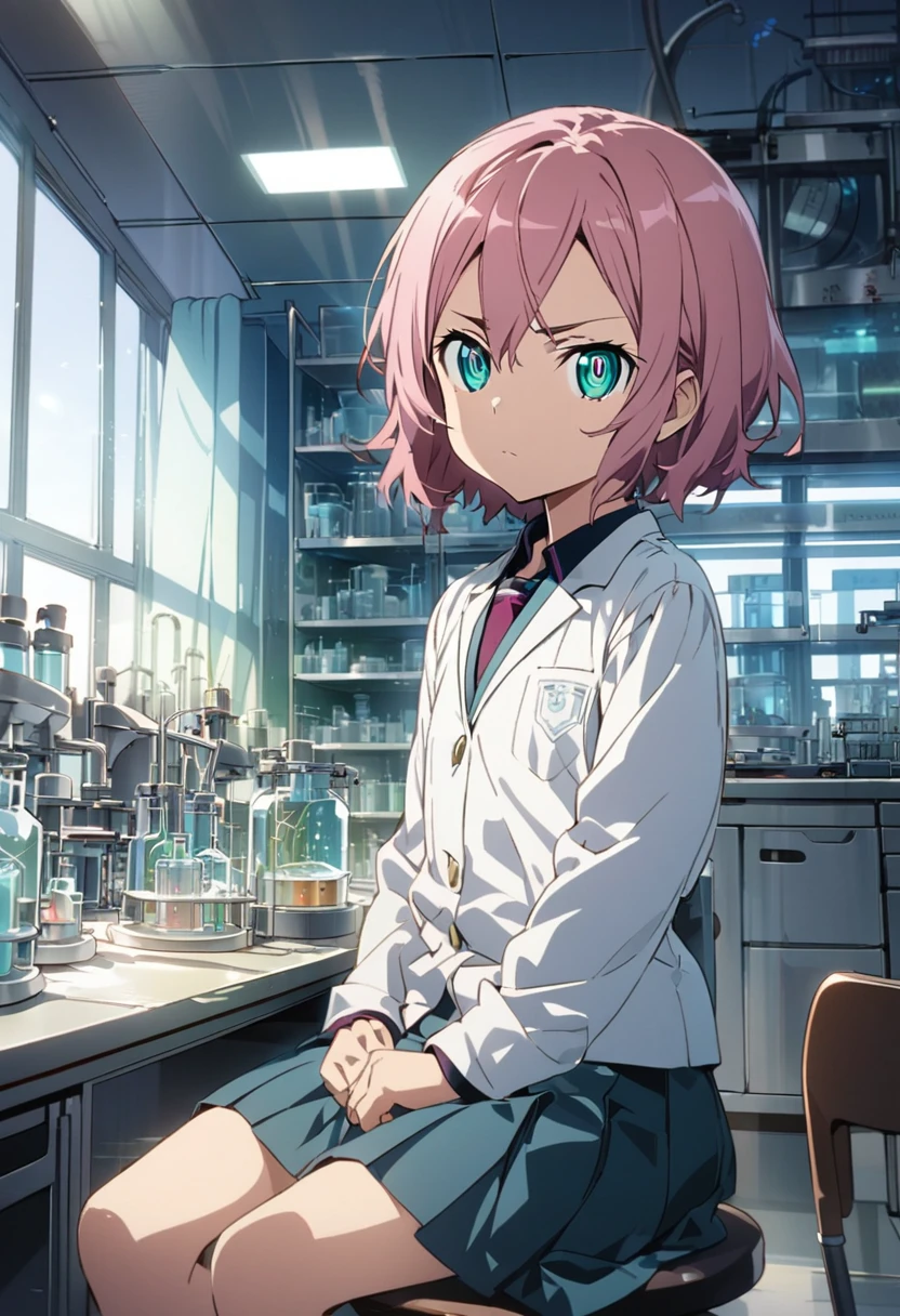 Haibara Ai \(Sword Art Online\), (short hair), (pink hair), (sharp eyes), (teal eyes):1.2, (7 ), (Girl school uniform), ((serious)), ((ultra-detailed)), ((illustration)), ((shaggy hair)), (beautiful detailed eyes), (female), 1girl, (sitting), ((laboratory, morning)), looking at viewer