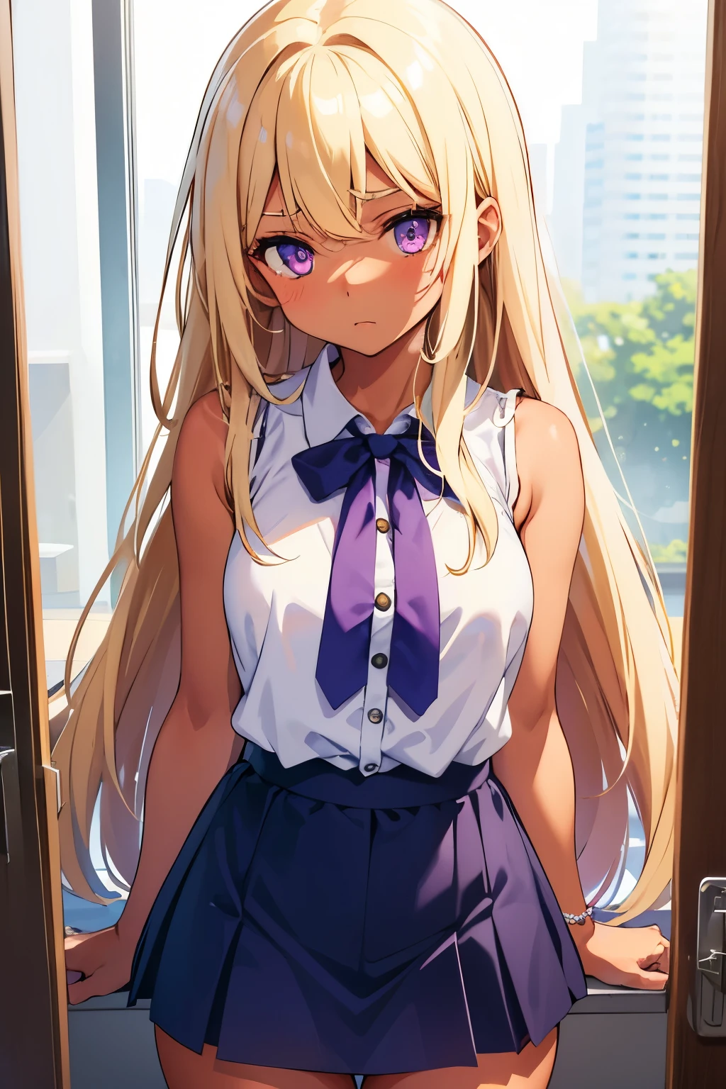 with A-cup breasts, blonde gal Long hair, purple eyes, tanned brown skin Troubled face (One person) White sleeveless blouse Navy blue mini skirt White with light blue horizontal stripes ((I can see her panties)) Otaku's Room Sitting on the bed Dynamic Angle from the front