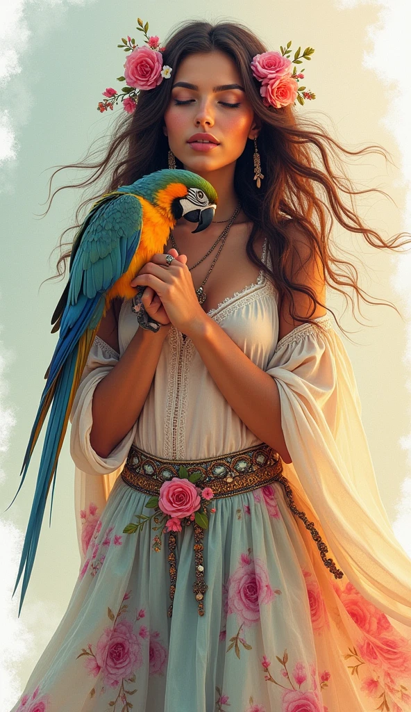 A captivating and enchanting photography that beautifully captures the essence ofa free-spirited and radiant Bohemian woman. She has cascading wavy hair adorned with intricate floral accents and tenderly holds her beloved parrot. She wears a flowing, lively maxi skirt with intricate patterns, a boho top, and a draped shawl, all adorned with subtle accessories like feathers and flowers. With her eyes closed and lips parted, she exudes a dreamy expression, deeply connecting with the world around her. The artist masterfully employs the fluidity and texture of watercolors to create a mesmerizing piece with a soft pastel background that evokes an ethereal atmosphere. Vibrant colors infuse the scene, creating an otherworldly and magical ambiance., dark fantasy, illustration, product, 3d render, vibrant, painting, photo, fashion, hyper-detailed, epic detail, upgrade, glitter, sparkles, lively, bold,clean, vibrant, painting, illustration, dark fantasy, 3d render, product, fashion, photo