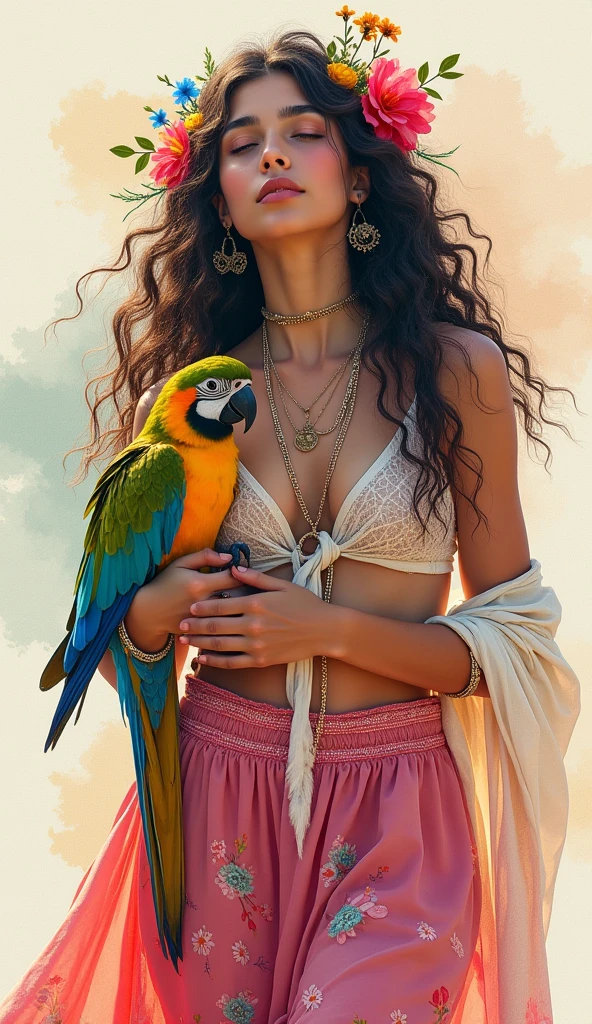A captivating and enchanting photography that beautifully captures the essence ofa free-spirited and radiant Bohemian woman. She has cascading wavy hair adorned with intricate floral accents and tenderly holds her beloved parrot. She wears a flowing, lively maxi skirt with intricate patterns, a boho top, and a draped shawl, all adorned with subtle accessories like feathers and flowers. With her eyes closed and lips parted, she exudes a dreamy expression, deeply connecting with the world around her. The artist masterfully employs the fluidity and texture of watercolors to create a mesmerizing piece with a soft pastel background that evokes an ethereal atmosphere. Vibrant colors infuse the scene, creating an otherworldly and magical ambiance., dark fantasy, illustration, product, 3d render, vibrant, painting, photo, fashion, hyper-detailed, epic detail, upgrade, glitter, sparkles, lively, bold,clean, vibrant, painting, illustration, dark fantasy, 3d render, product, fashion, photo